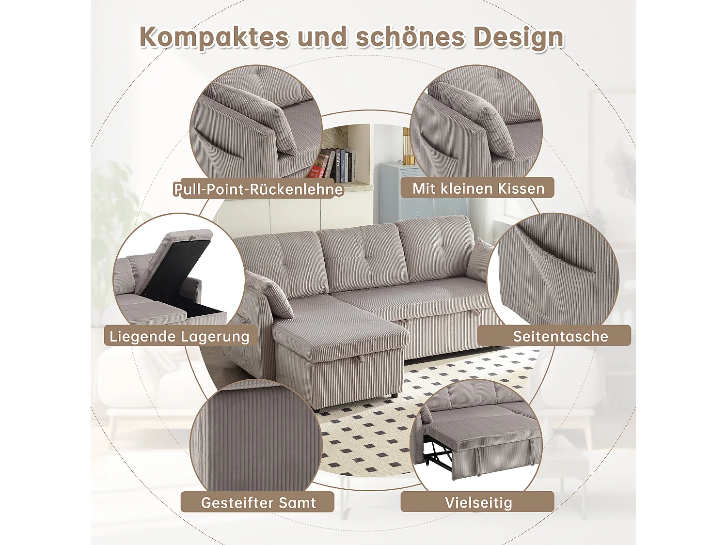 Sofá cama multifuncional con almacenaje, sofá esquinero modular, terciopelo, gris claro (206x130x66-88 cm)