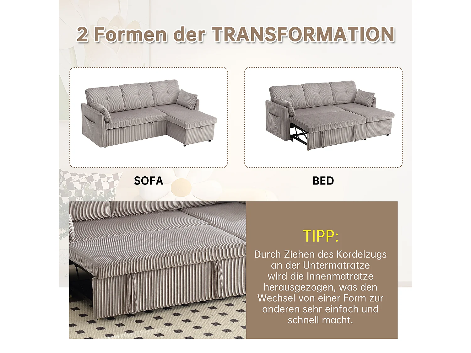 Sofá cama multifuncional con almacenaje, sofá esquinero modular, terciopelo, gris claro (206x130x66-88 cm)