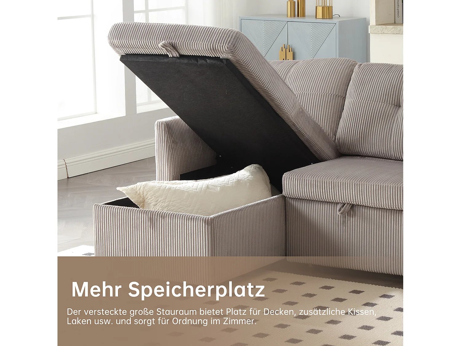 Sofá cama multifuncional con almacenaje, sofá esquinero modular, terciopelo, gris claro (206x130x66-88 cm)