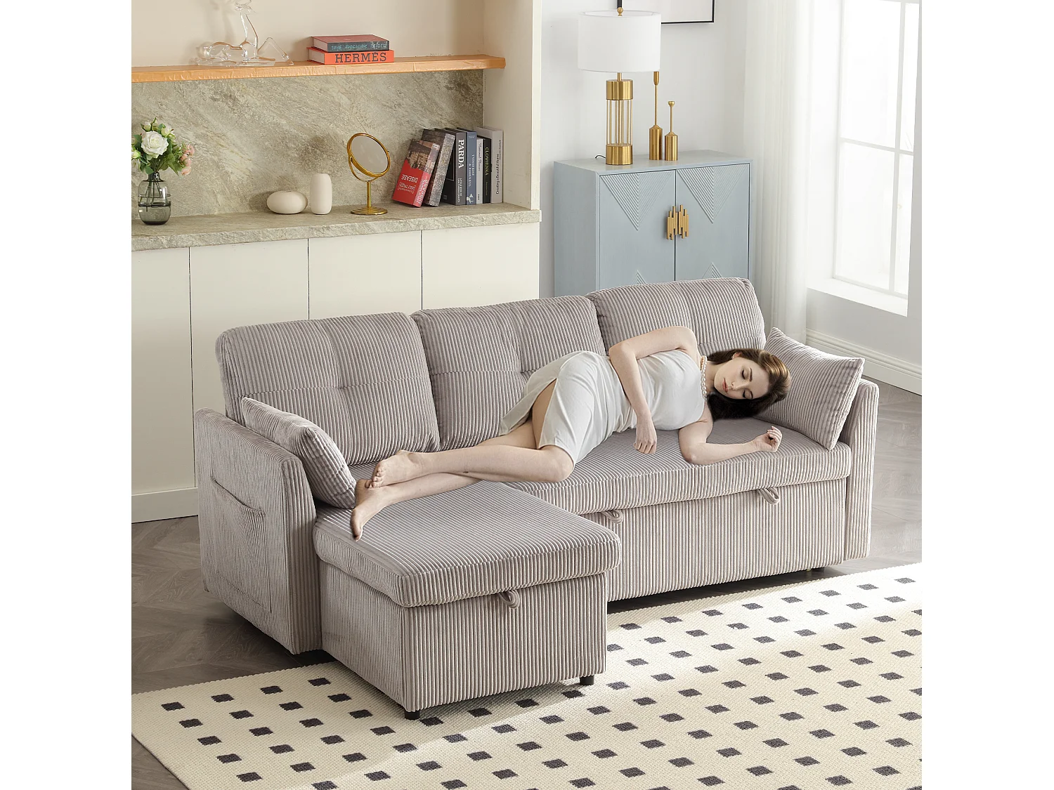 Sofá cama multifuncional con almacenaje, sofá esquinero modular, terciopelo, gris claro (206x130x66-88 cm)