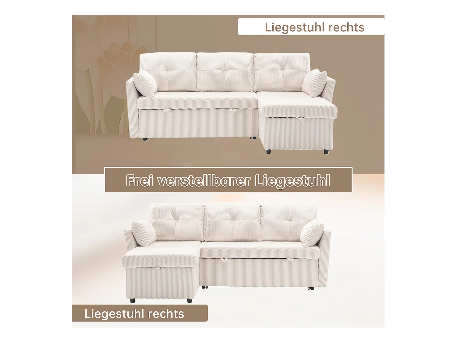 Canapé-lit multifonction avec rangement et lit escamotable, canapé d'angle modulaire, velours, beige (206x130x66-88 cm)