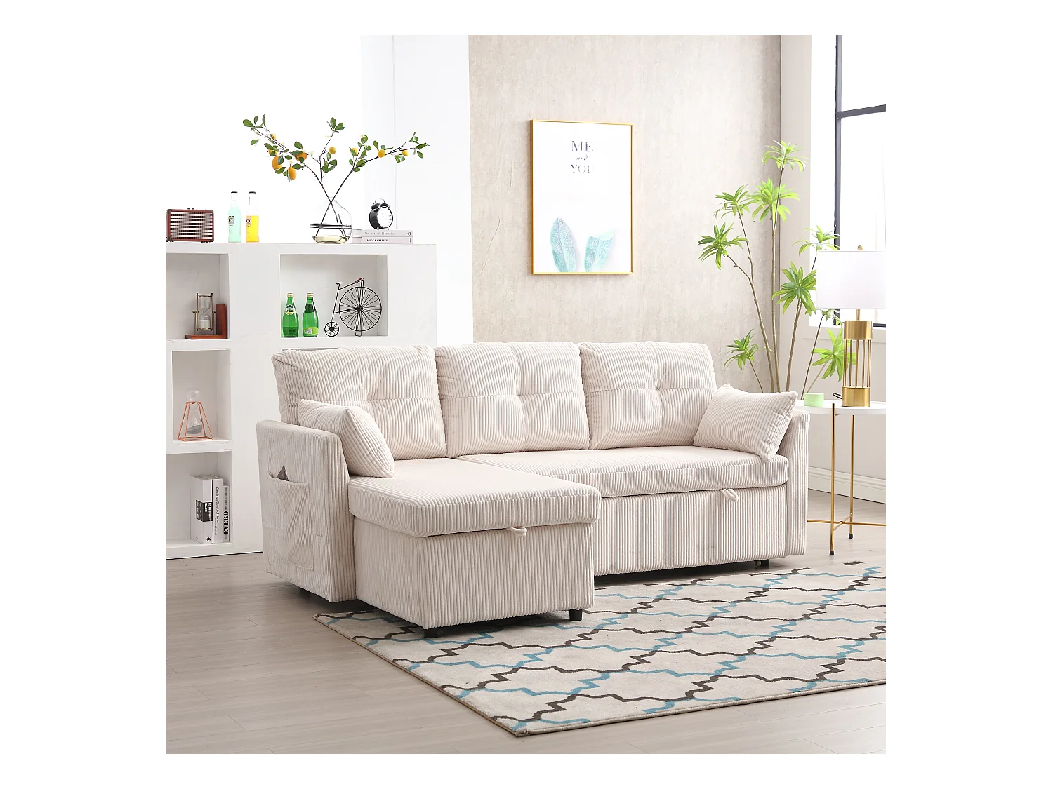 Canapé-lit multifonction avec rangement et lit escamotable, canapé d'angle modulaire, velours, beige (206x130x66-88 cm)