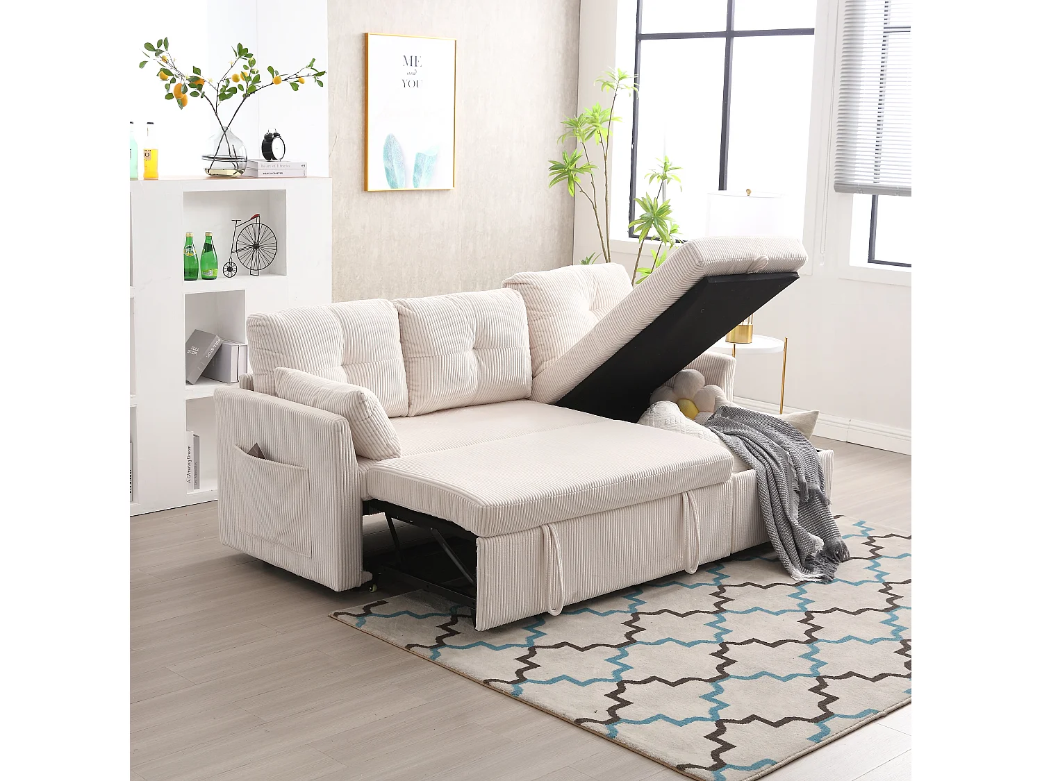 Canapé-lit multifonction avec rangement et lit escamotable, canapé d'angle modulaire, velours, beige (206x130x66-88 cm)