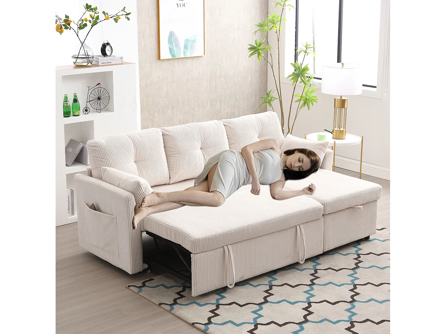 Canapé-lit multifonction avec rangement et lit escamotable, canapé d'angle modulaire, velours, beige (206x130x66-88 cm)