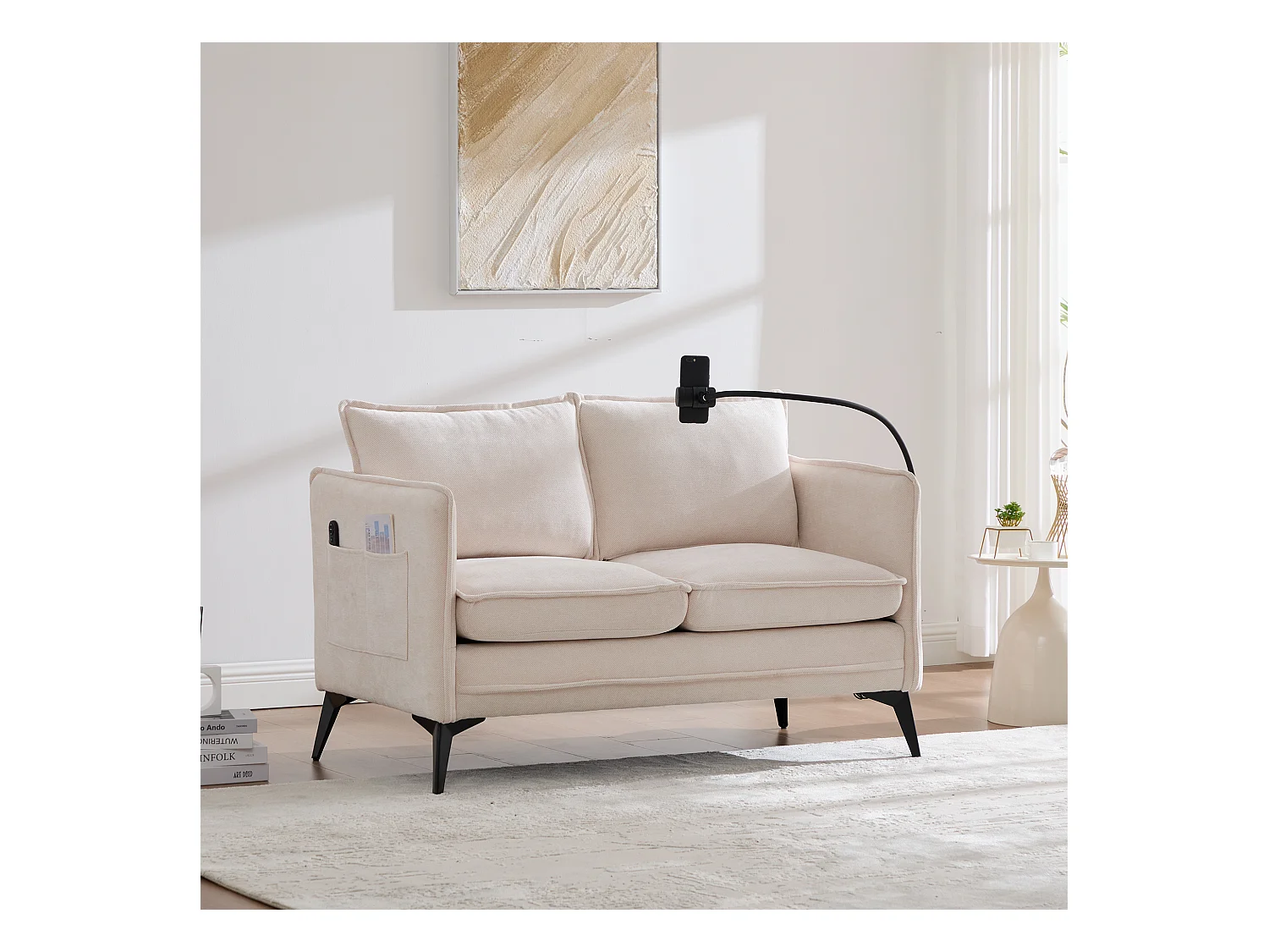 Canapé 2 places avec rangement et support téléphone réglable, tissu chenille, gris (127x69x66 cm)