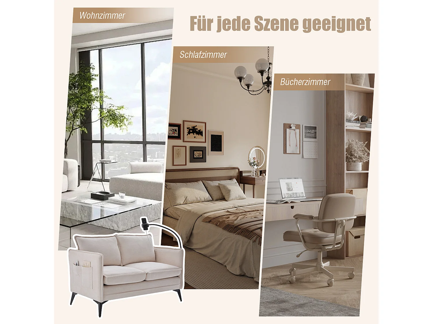 Canapé 2 places avec rangement et support téléphone réglable, tissu chenille, gris (127x69x66 cm)