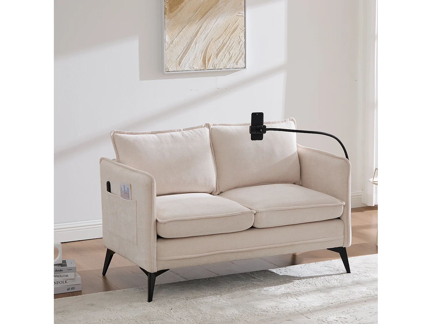 Canapé 2 places avec rangement et support téléphone réglable, tissu chenille, gris (127x69x66 cm)