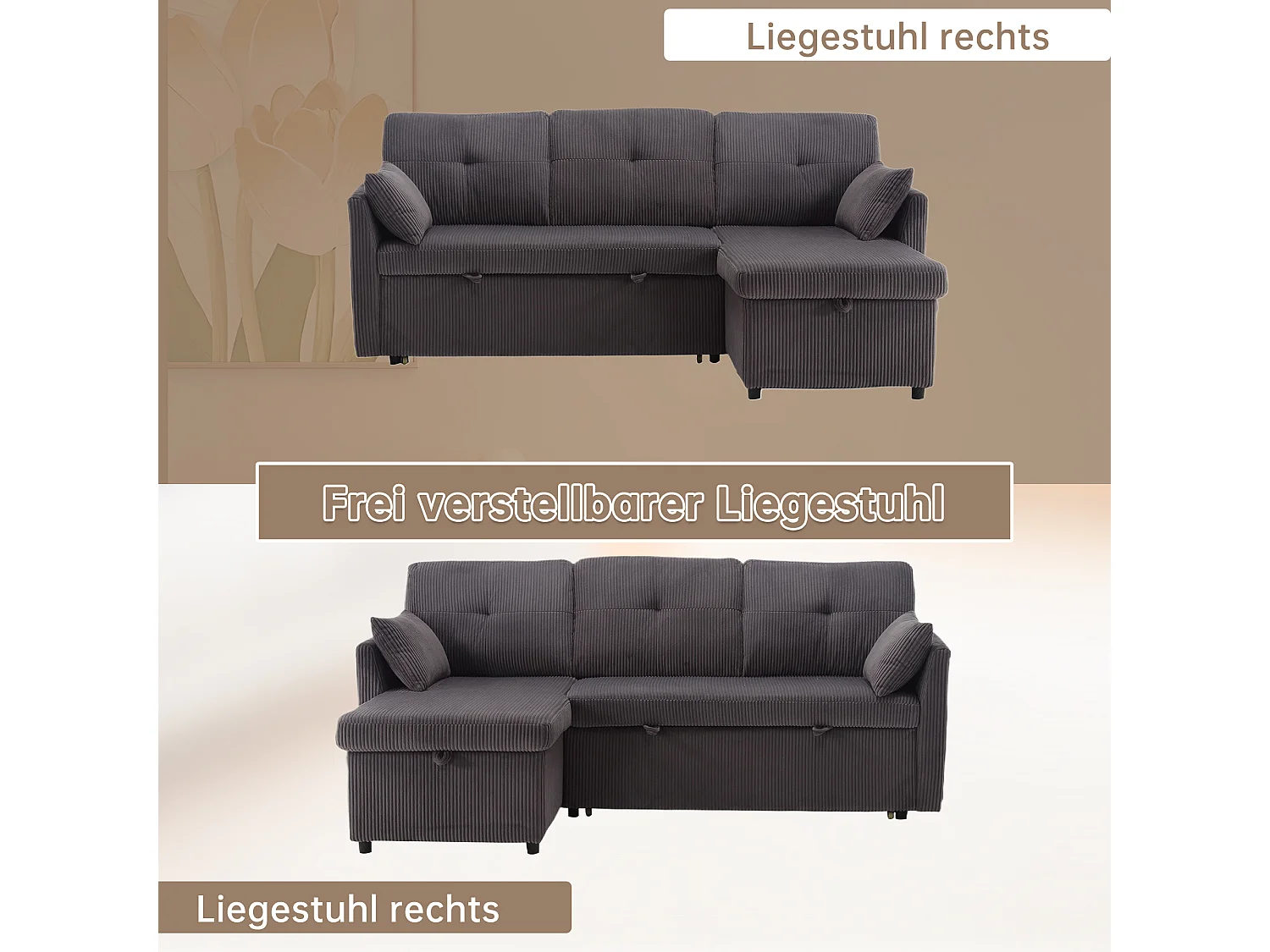 Multifunctionele slaapbank met opbergruimte, modulaire hoekbank, fluweel, donkergrijs (206x130x66-88 cm)