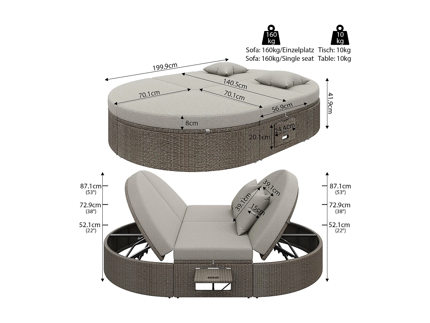 Canapé de jardin en rotin, transat double avec dossier réglable, cadre en métal, tissu imperméable gris (199.9x140.5x41.9 cm)