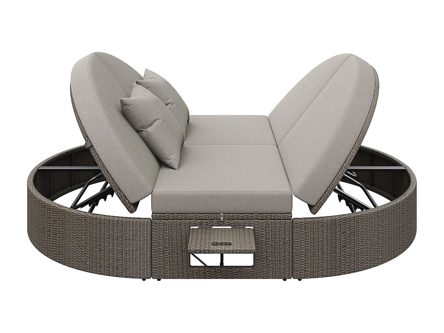 Canapé de jardin en rotin, transat double avec dossier réglable, cadre en métal, tissu imperméable gris (199.9x140.5x41.9 cm)