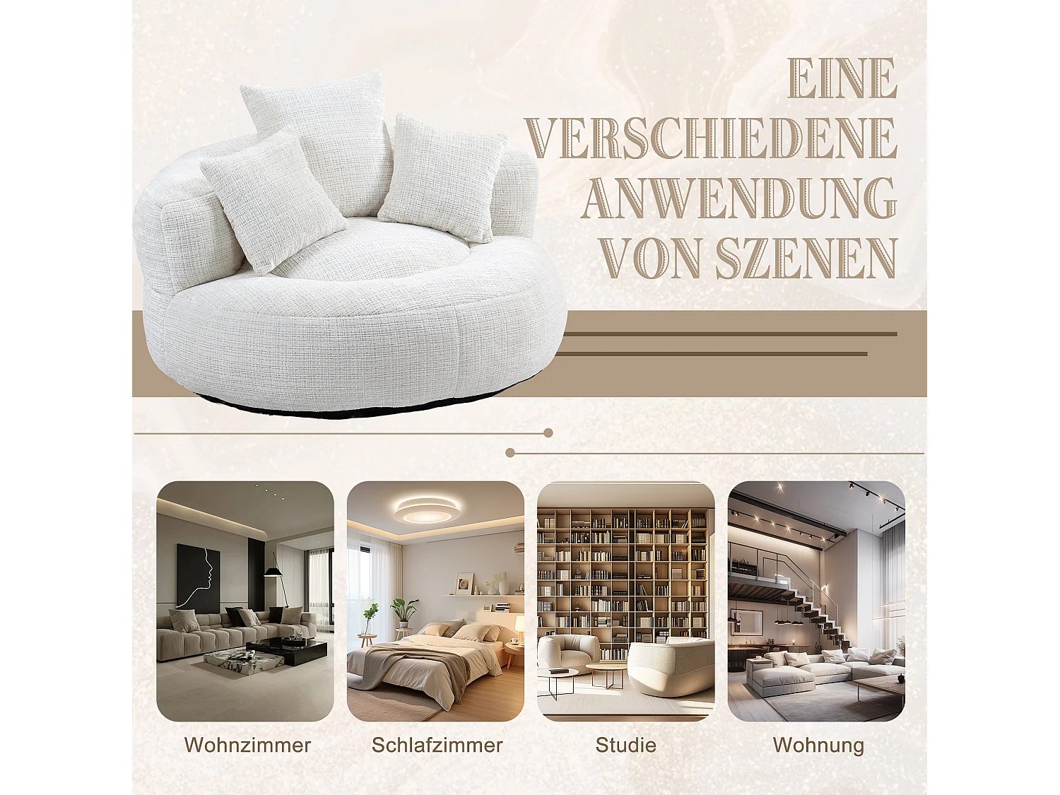 Chaise Lazy Sofa avec dossier haut, fauteuil de détente, siège en chenille beige, pour adultes et enfants (108x108x52 cm)