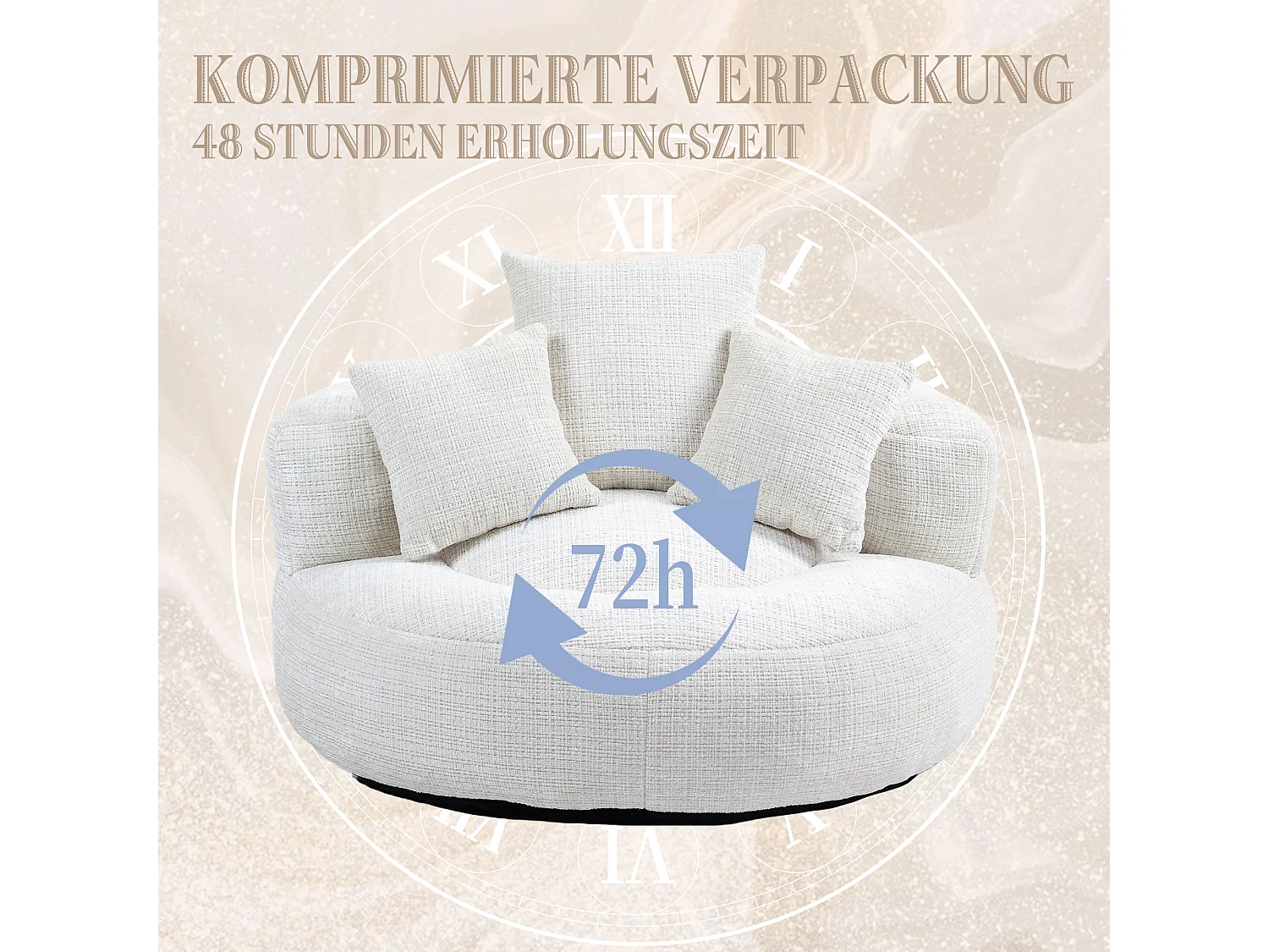 Chaise Lazy Sofa avec dossier haut, fauteuil de détente, siège en chenille beige, pour adultes et enfants (108x108x52 cm)