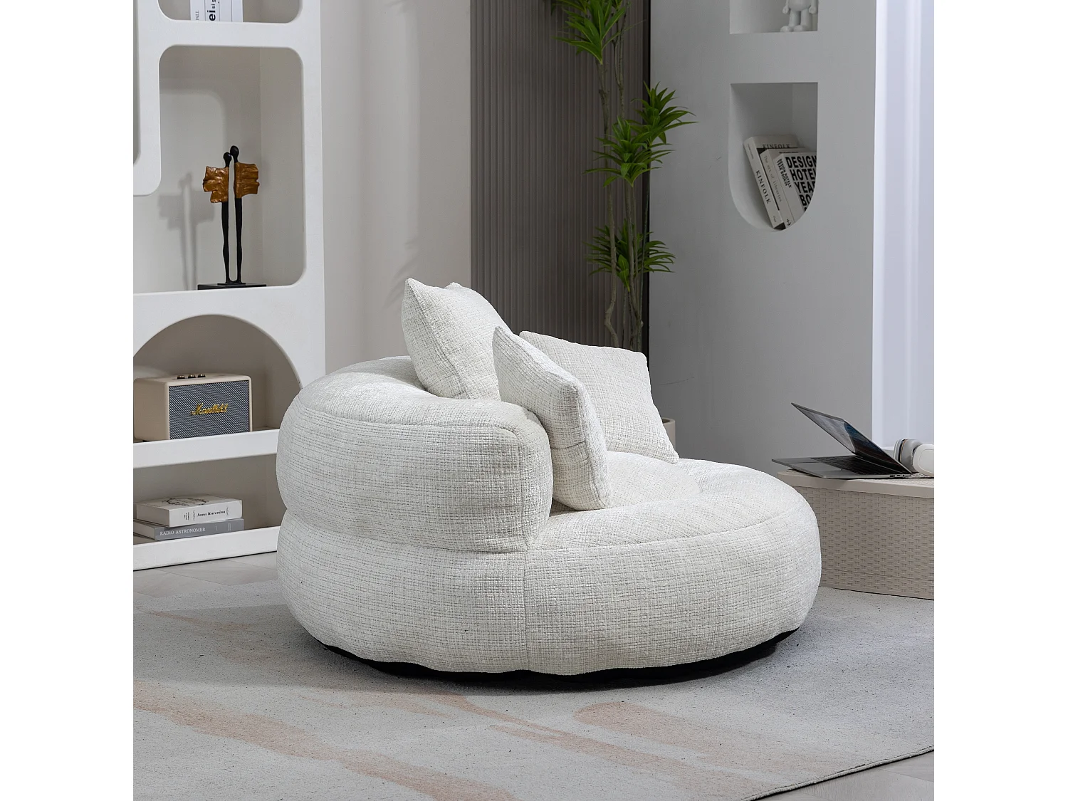 Chaise Lazy Sofa avec dossier haut, fauteuil de détente, siège en chenille beige, pour adultes et enfants (108x108x52 cm)