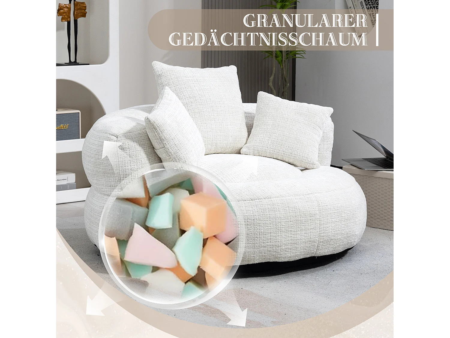 Chaise Lazy Sofa avec dossier haut, fauteuil de détente, siège en chenille beige, pour adultes et enfants (108x108x52 cm)