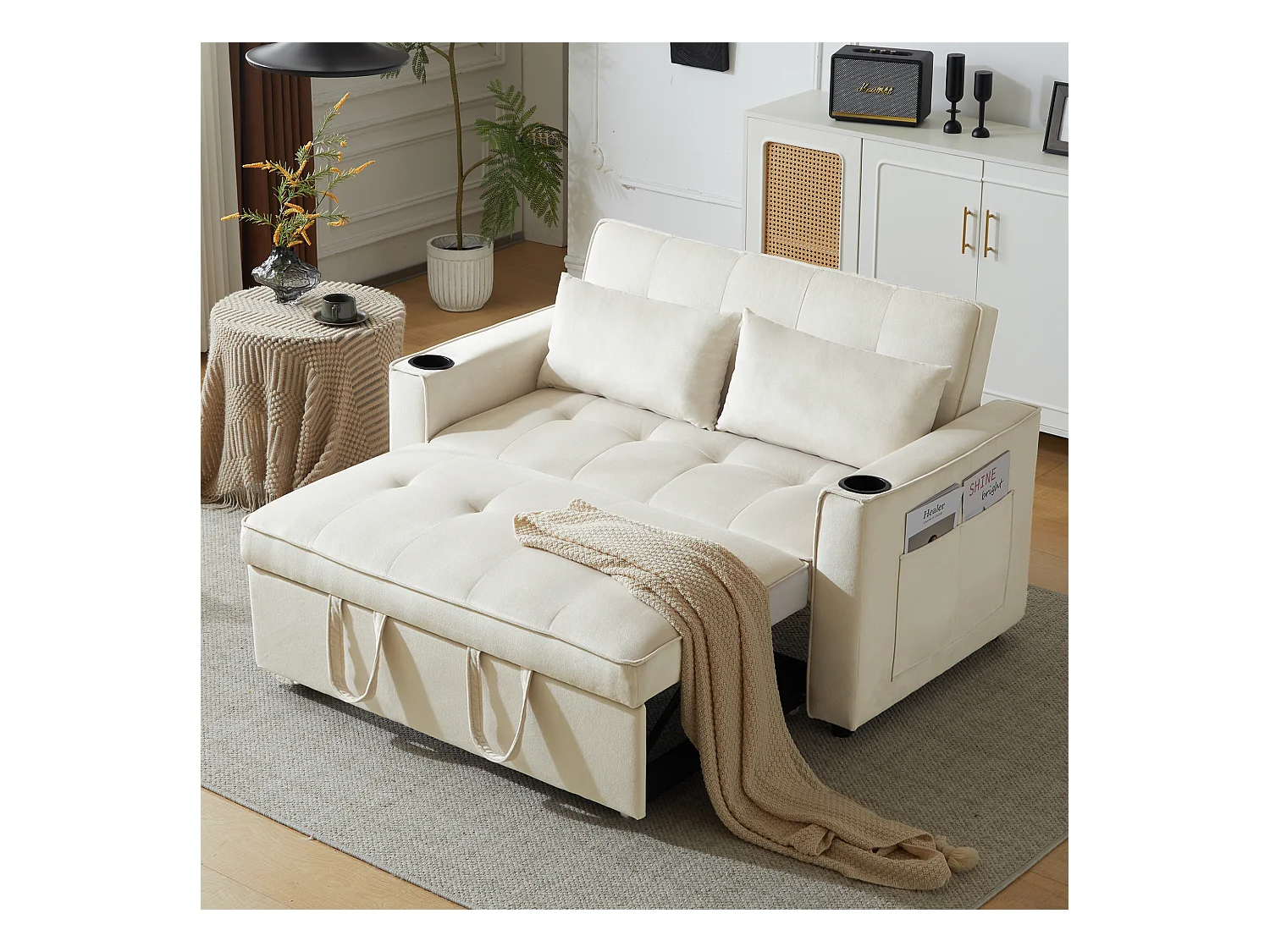 Canapé convertible, multifonction, avec porte-gobelets et coussins, velours, beige (137x76.5x83 cm)