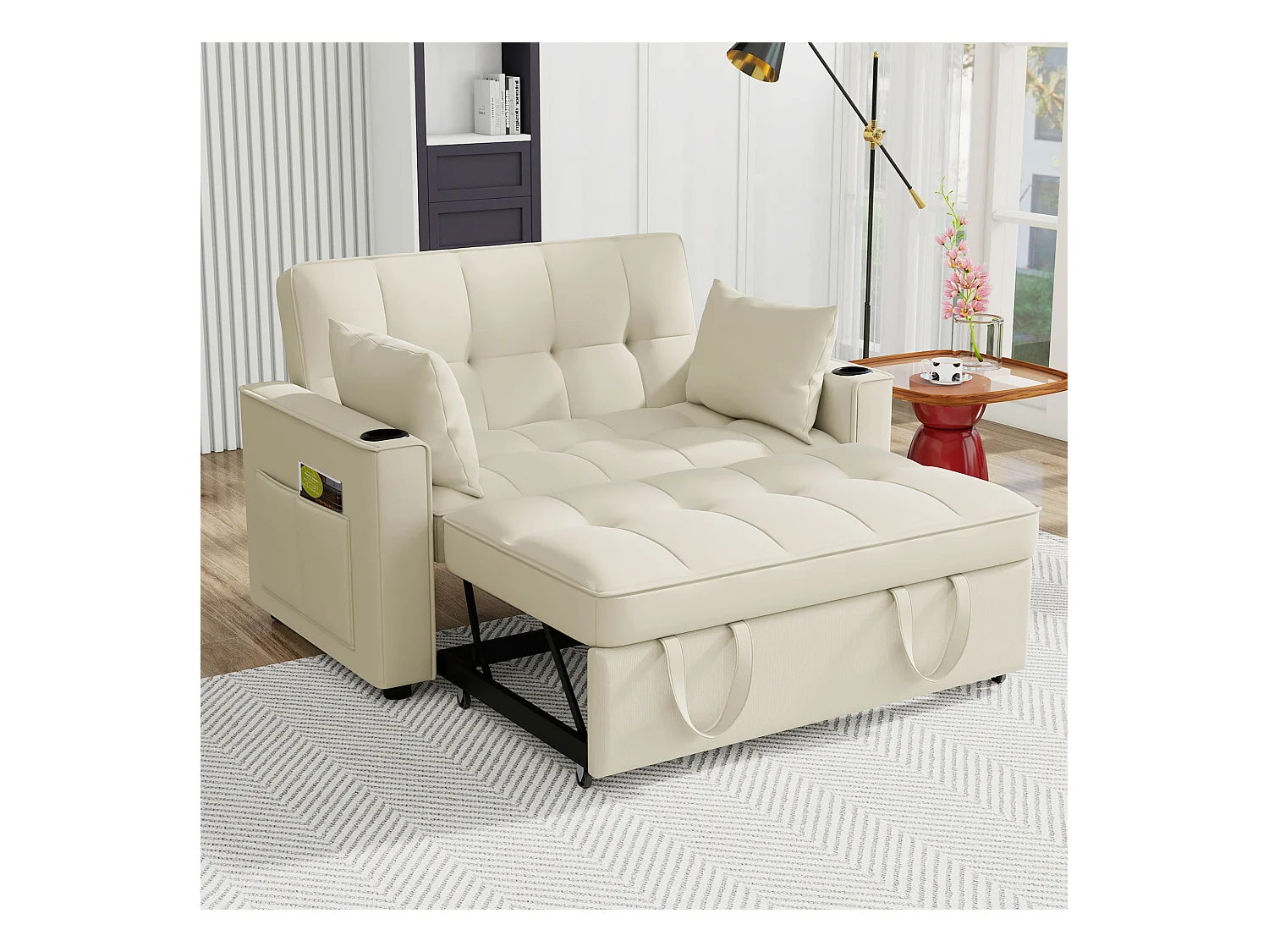 Canapé convertible, multifonction, avec porte-gobelets et coussins, velours, beige (137x76.5x83 cm)