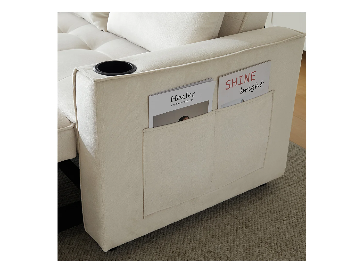 Canapé convertible, multifonction, avec porte-gobelets et coussins, velours, beige (137x76.5x83 cm)