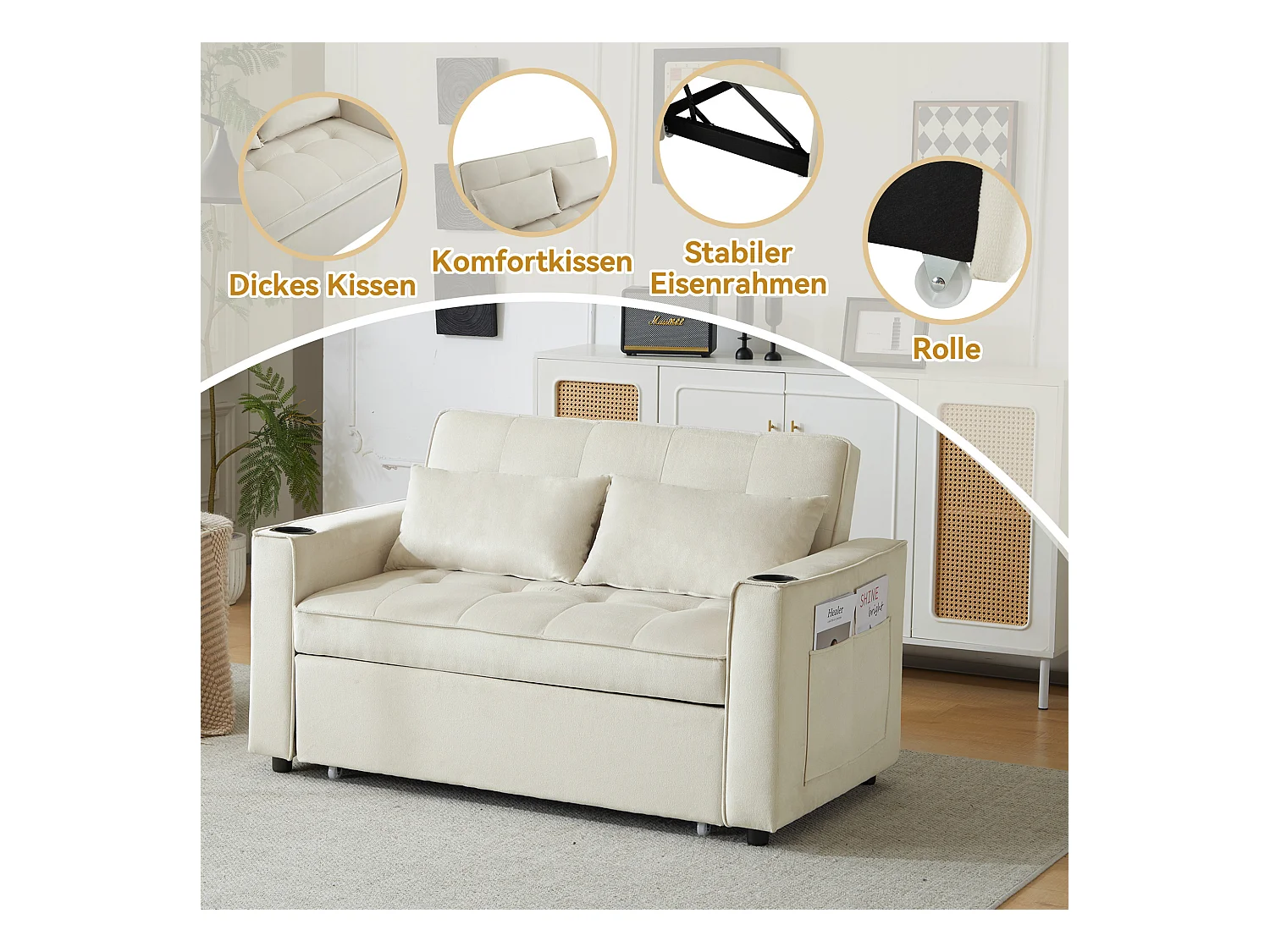 Canapé convertible, multifonction, avec porte-gobelets et coussins, velours, beige (137x76.5x83 cm)