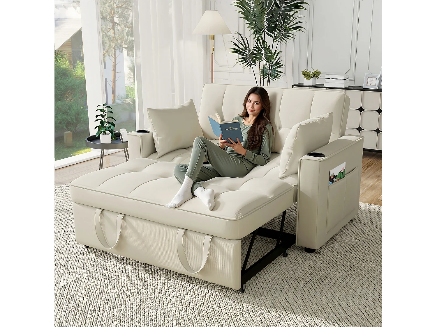 Canapé convertible, multifonction, avec porte-gobelets et coussins, velours, beige (137x76.5x83 cm)