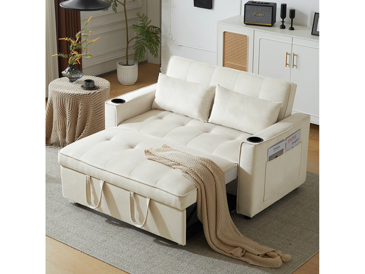 Canapé convertible, multifonction, avec porte-gobelets et coussins, velours, beige (137x76.5x83 cm)