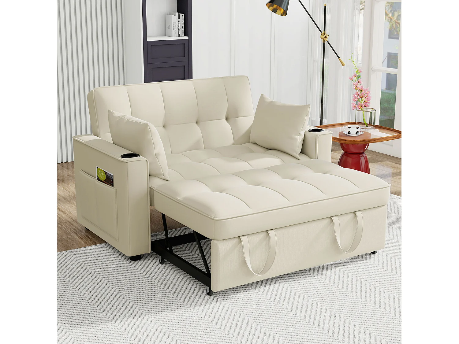 Canapé convertible, multifonction, avec porte-gobelets et coussins, velours, beige (137x76.5x83 cm)