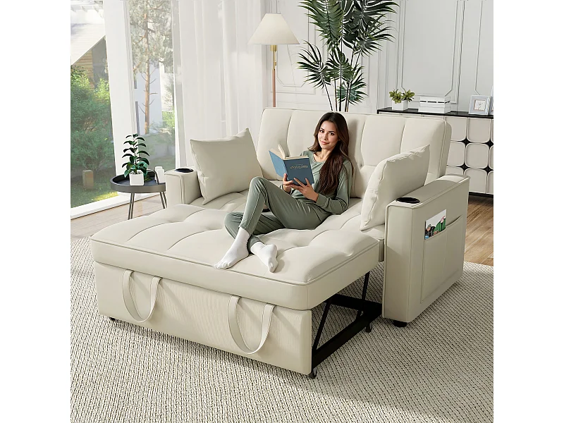 Canapé convertible, multifonction, avec porte-gobelets et coussins, velours, beige (137x76.5x83 cm)