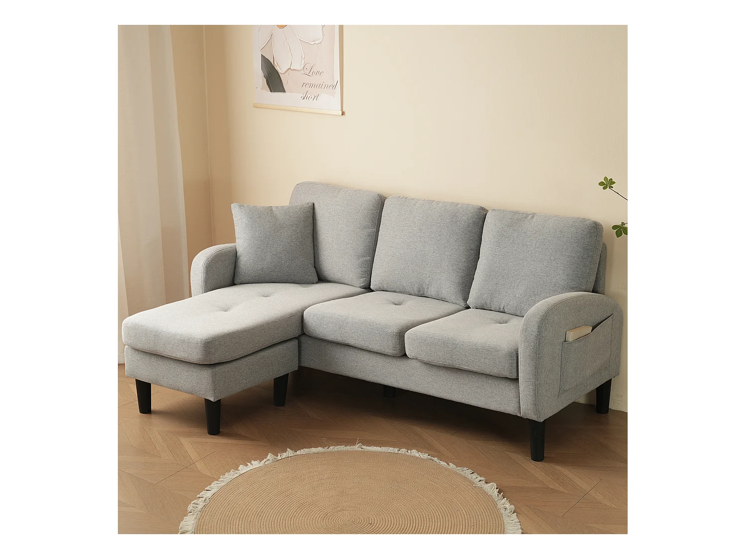 Sofá esquinero modular con chaise longue, 3 plazas, tejido transpirable de algodón y lino, patas de plástico, diseño modular, gris (166x118x77 cm)