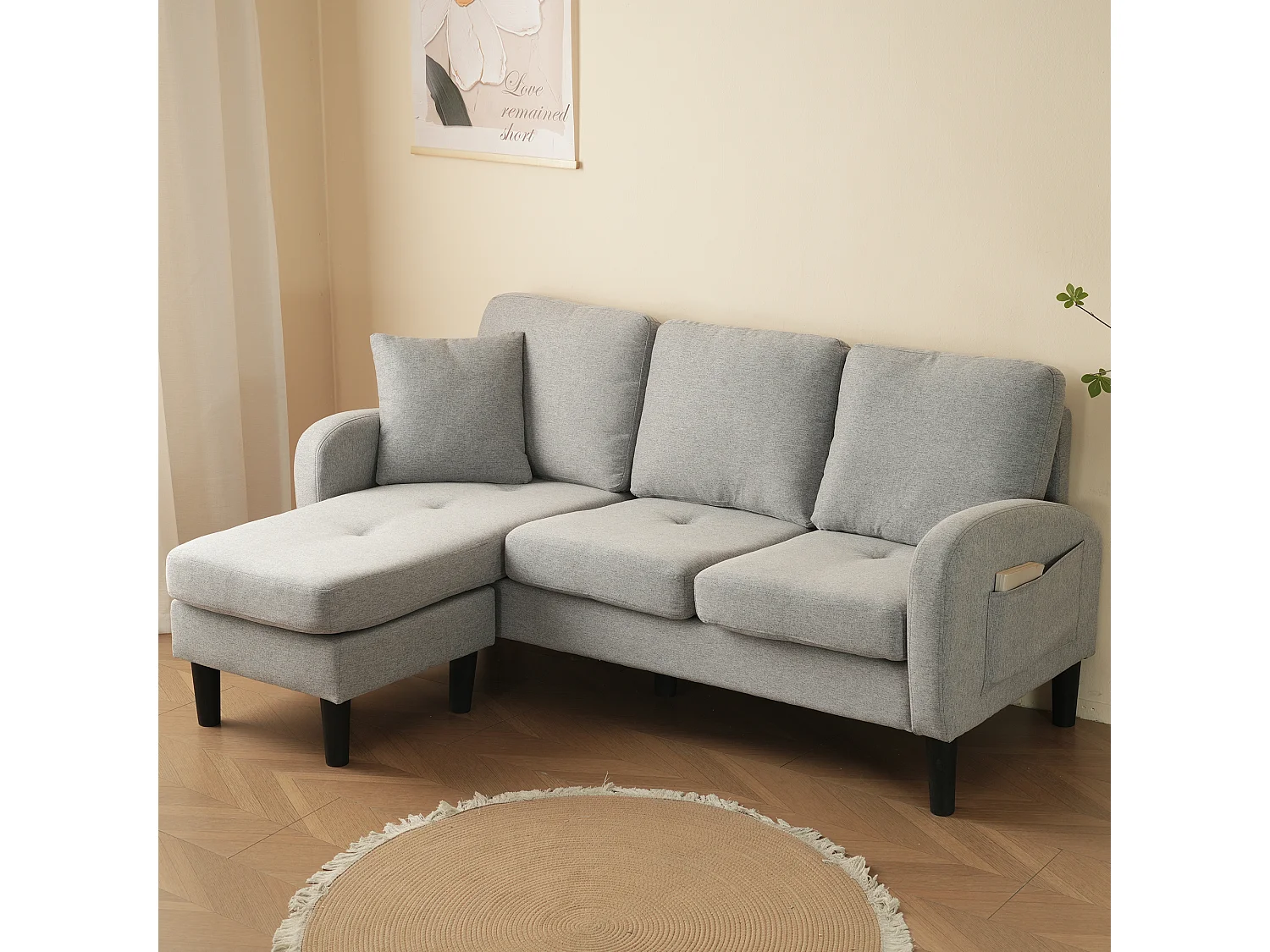 Modulaire hoekbank met chaise longue – 3-zits, ademende katoen-linnen stof, kunststof poten, modulair design, grijs (166x118x77 cm)