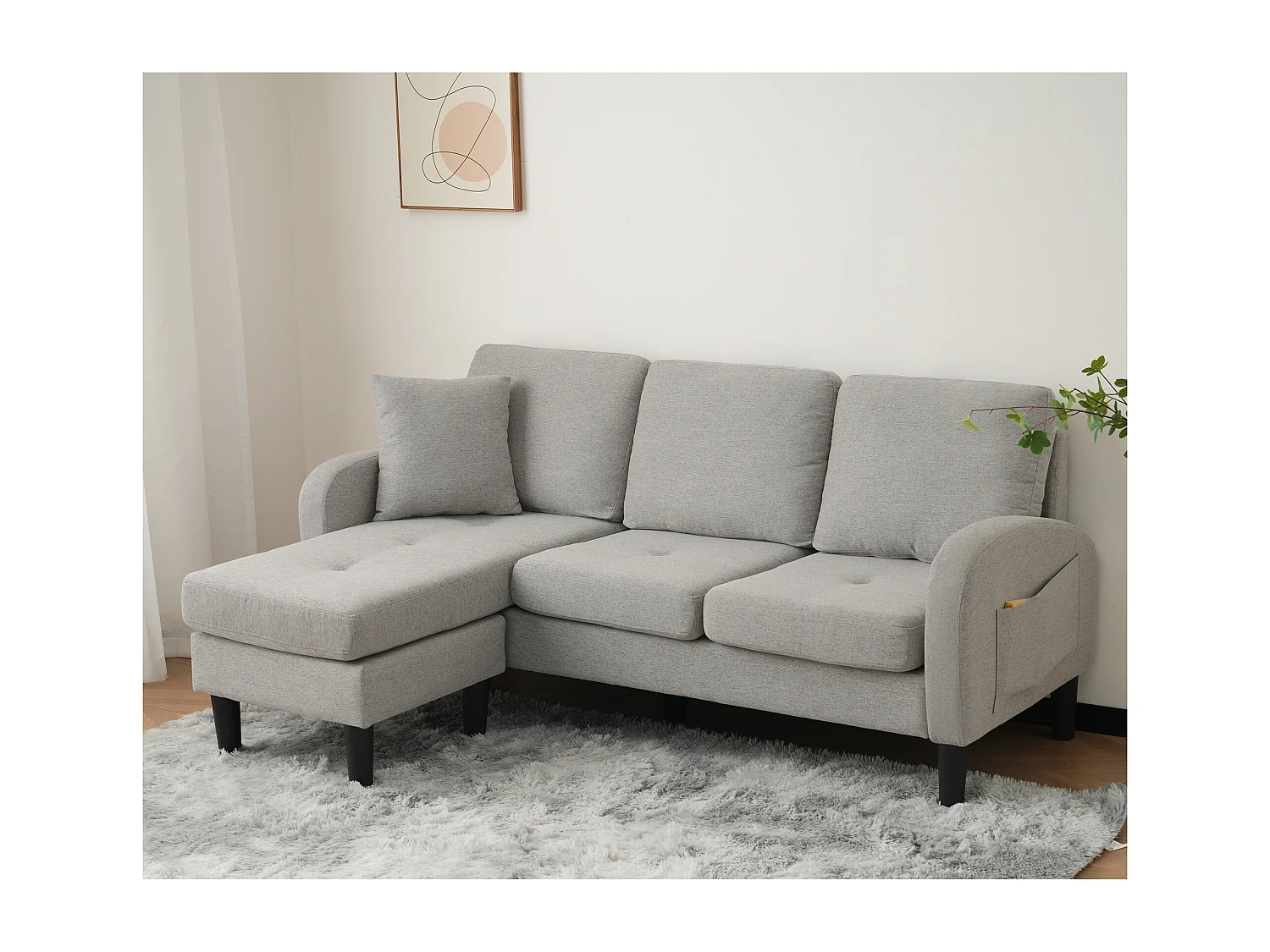 Modulaire hoekbank met chaise longue – 3-zits, ademende katoen-linnen stof, kunststof poten, modulair design, grijs (166x118x77 cm)