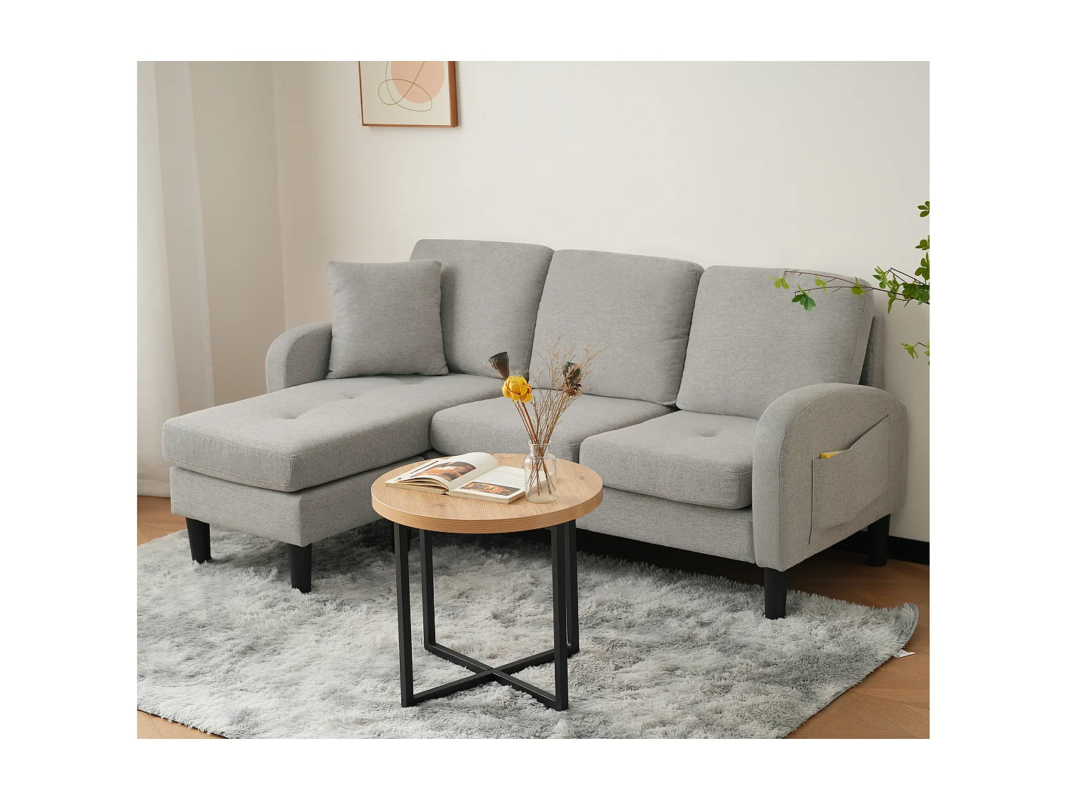 Modulaire hoekbank met chaise longue – 3-zits, ademende katoen-linnen stof, kunststof poten, modulair design, grijs (166x118x77 cm)