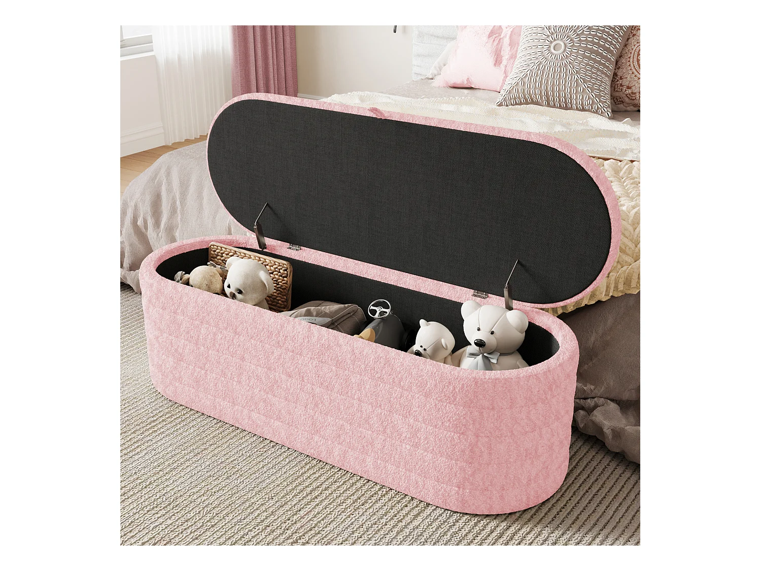 Pouf avec rangement, canapé-housse Teddy, 120x40 cm, tissu flanelle, rose (120x40x40 cm)