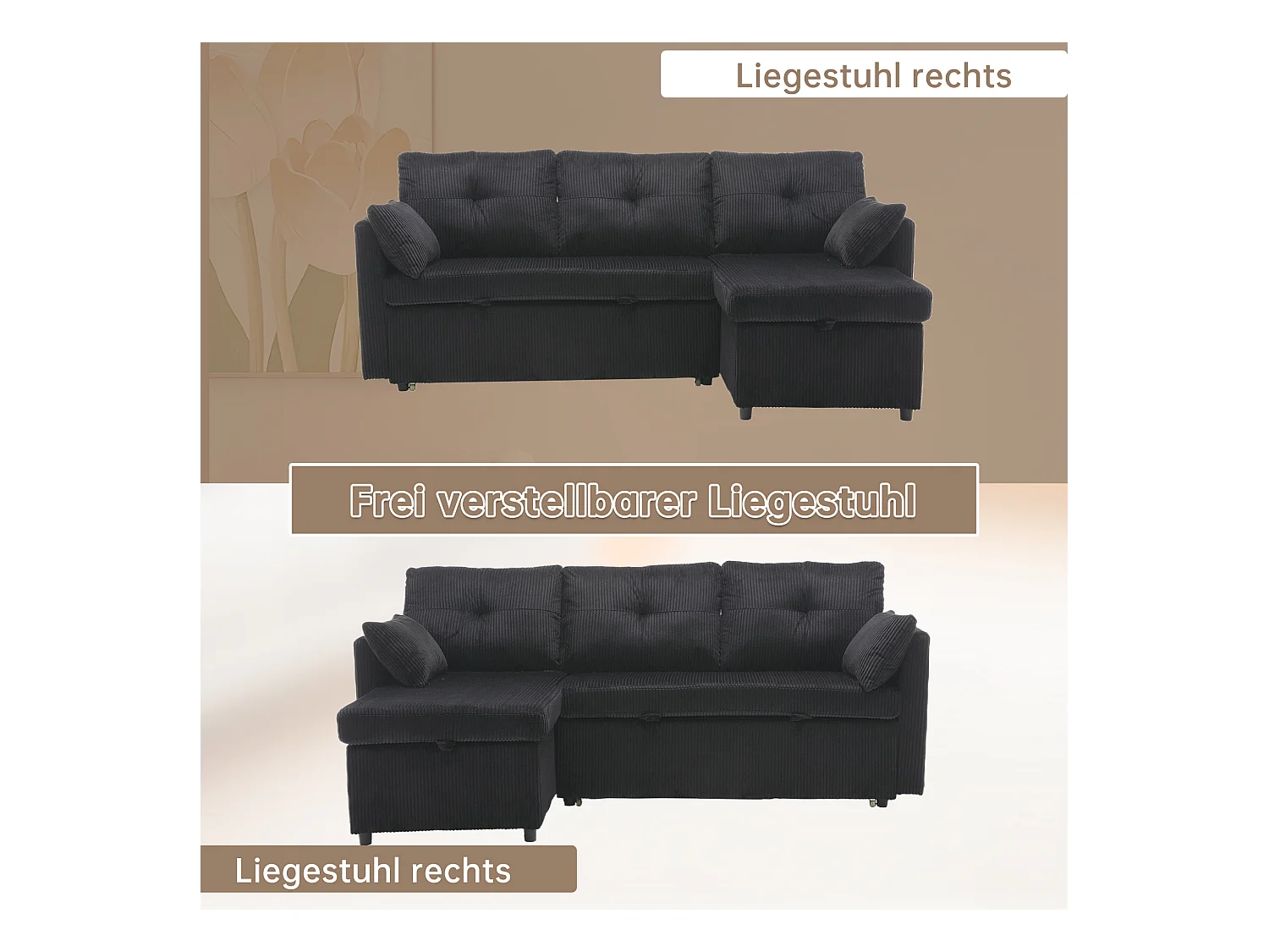 Canapé-lit multifonction avec rangement, canapé d'angle modulaire, velours, noir (206x130x66-88 cm)