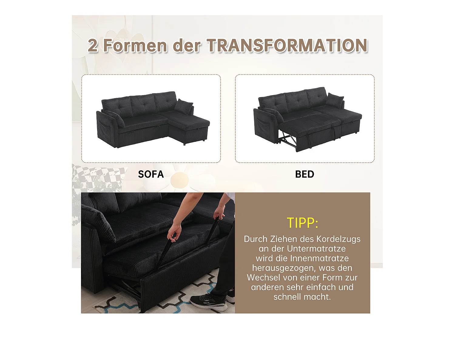 Canapé-lit multifonction avec rangement, canapé d'angle modulaire, velours, noir (206x130x66-88 cm)