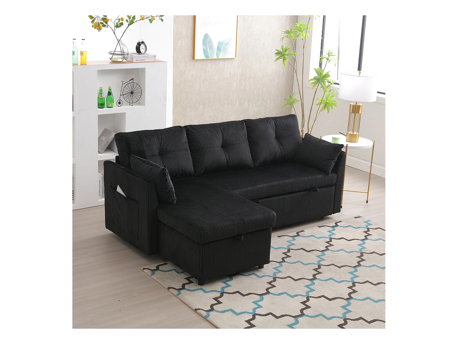 Canapé-lit multifonction avec rangement, canapé d'angle modulaire, velours, noir (206x130x66-88 cm)