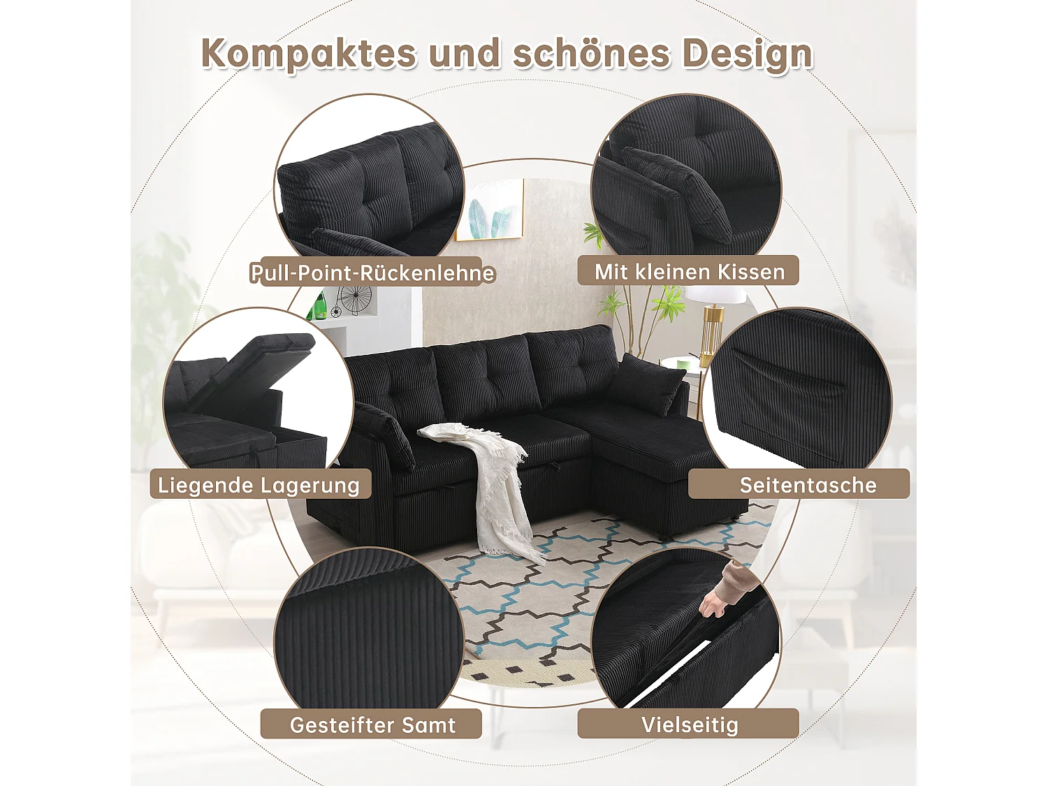 Canapé-lit multifonction avec rangement, canapé d'angle modulaire, velours, noir (206x130x66-88 cm)