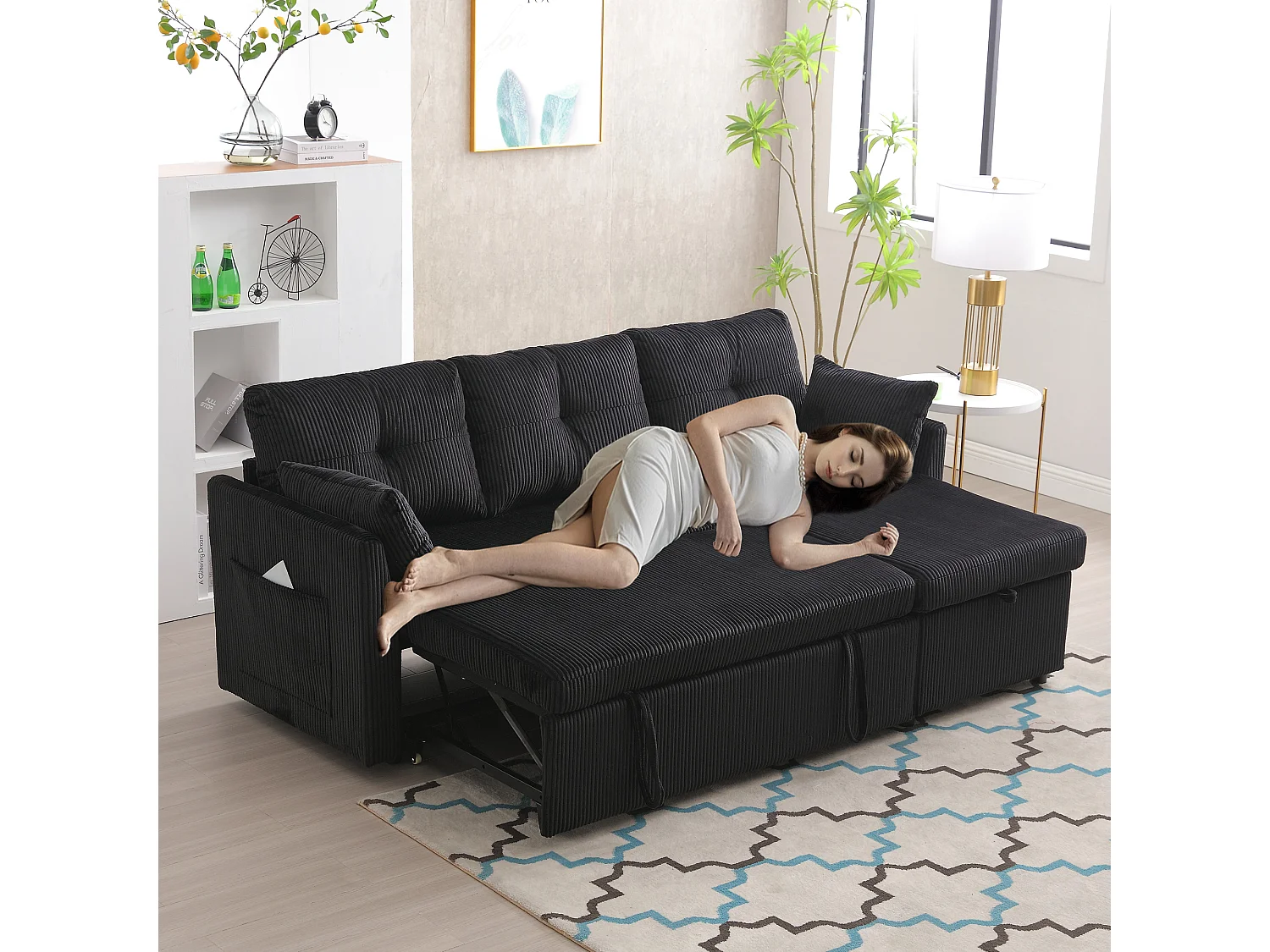 Canapé-lit multifonction avec rangement, canapé d'angle modulaire, velours, noir (206x130x66-88 cm)