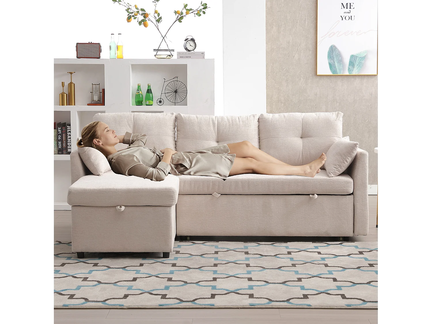 Modulaire hoekbank met omkeerbare chaise longue en opbergruimte, in polyester, beige (206x130x66-88 cm)