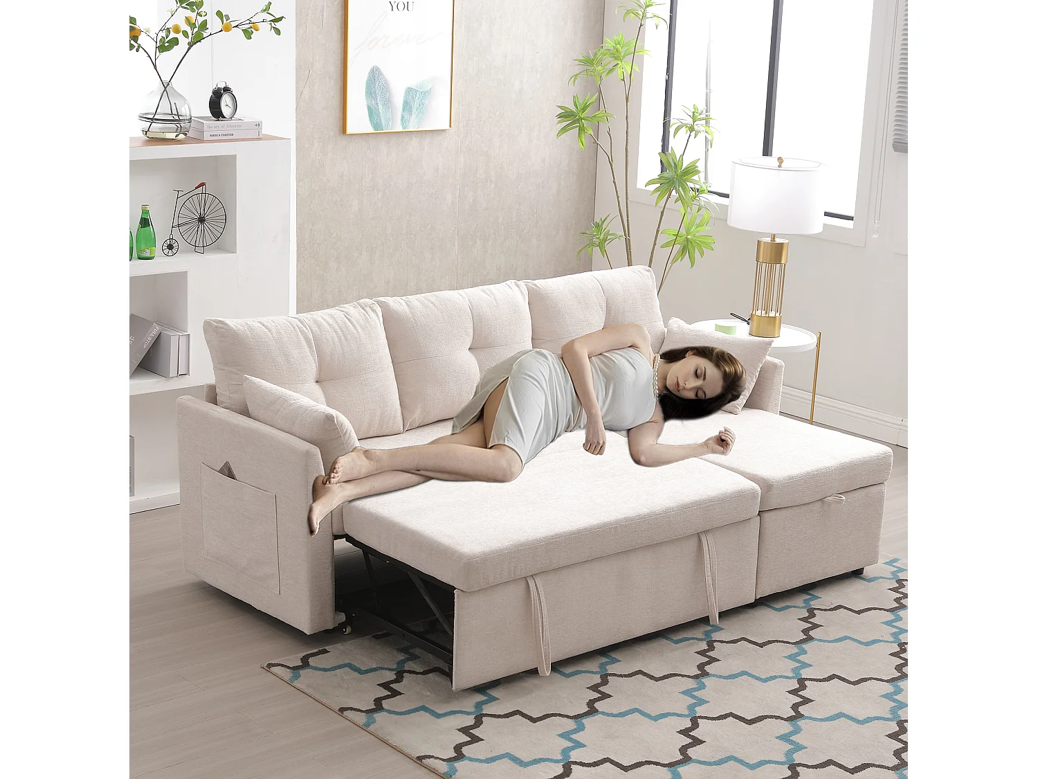 Modulaire hoekbank met omkeerbare chaise longue en opbergruimte, in polyester, beige (206x130x66-88 cm)