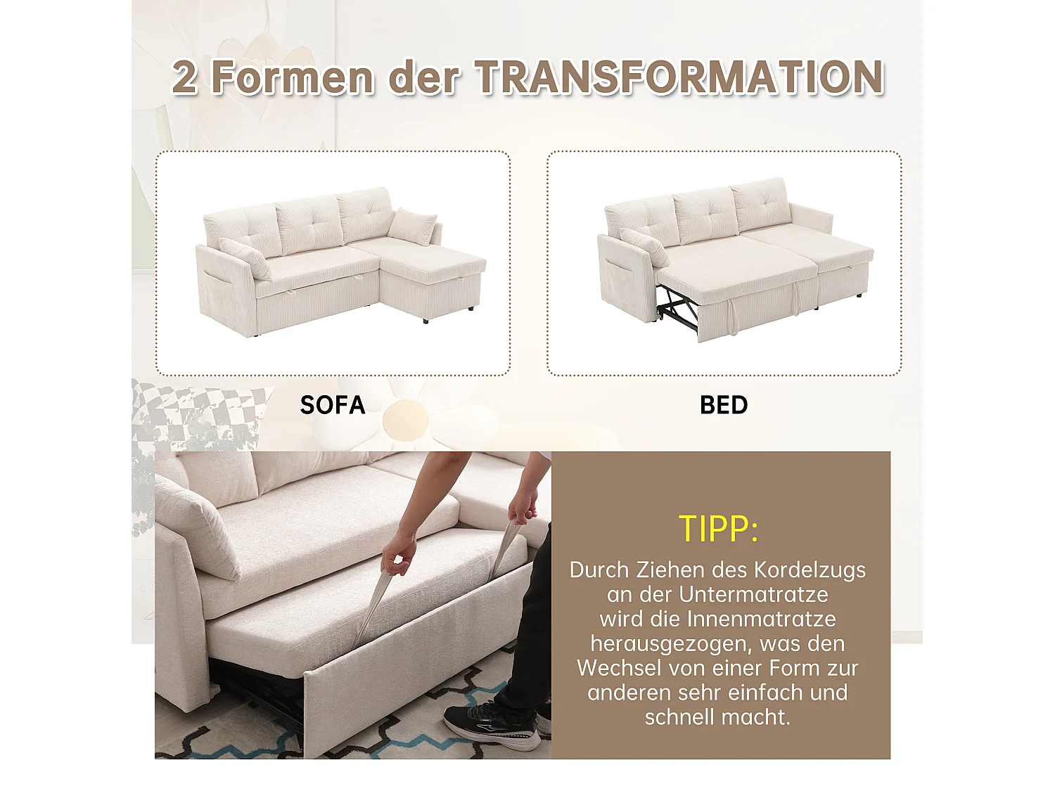 Modulaire hoekbank met omkeerbare chaise longue en opbergruimte, in polyester, beige (206x130x66-88 cm)