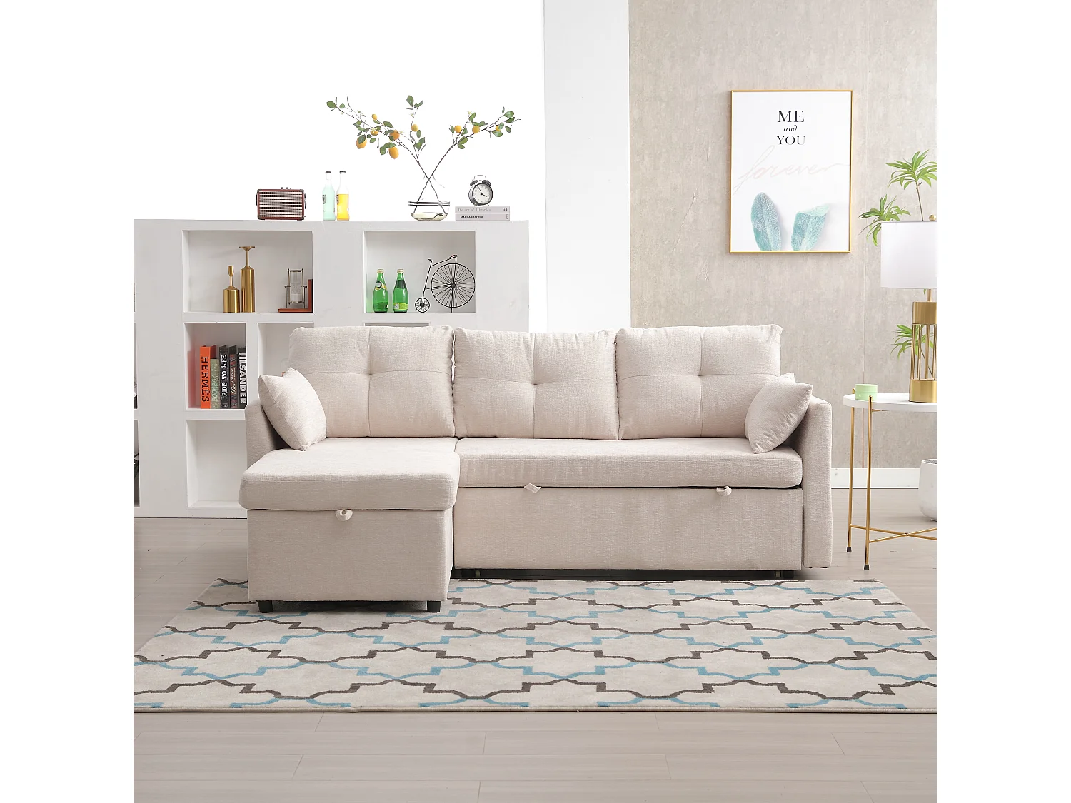 Modulaire hoekbank met omkeerbare chaise longue en opbergruimte, in polyester, beige (206x130x66-88 cm)