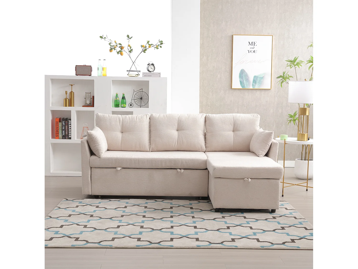 Modulaire hoekbank met omkeerbare chaise longue en opbergruimte, in polyester, beige (206x130x66-88 cm)