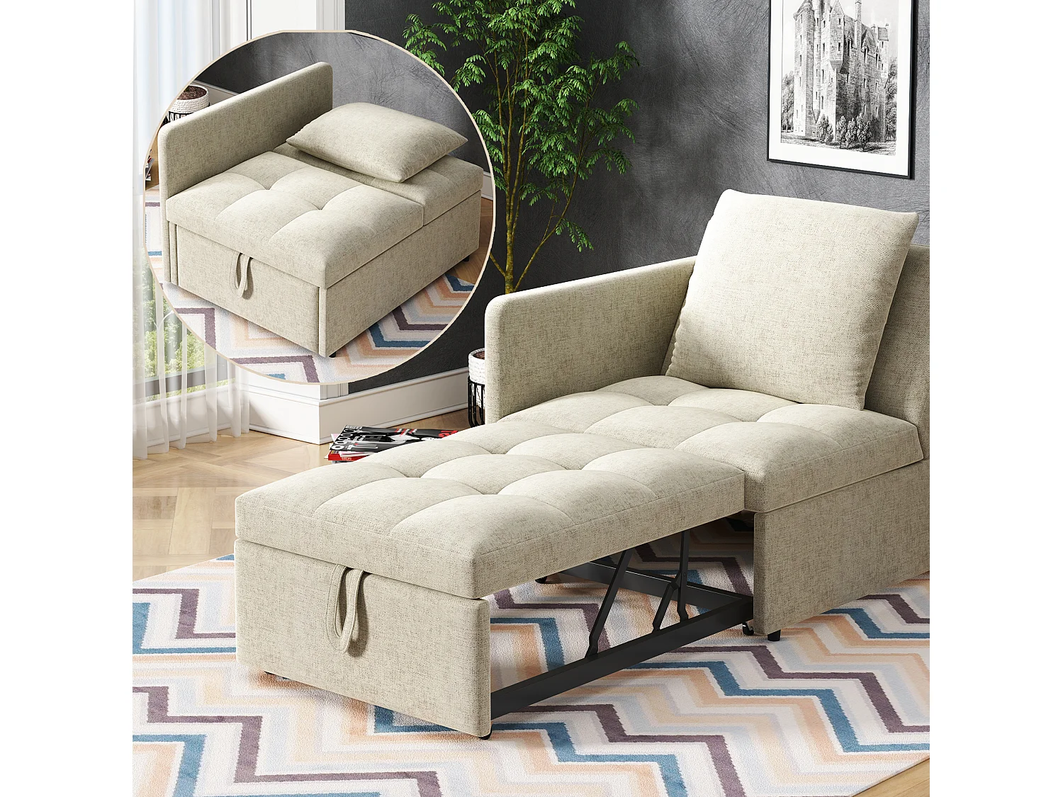 Canapé-lit 3 en 1 avec dossier réglable, en tissu liné, beige (177x68x65 cm)