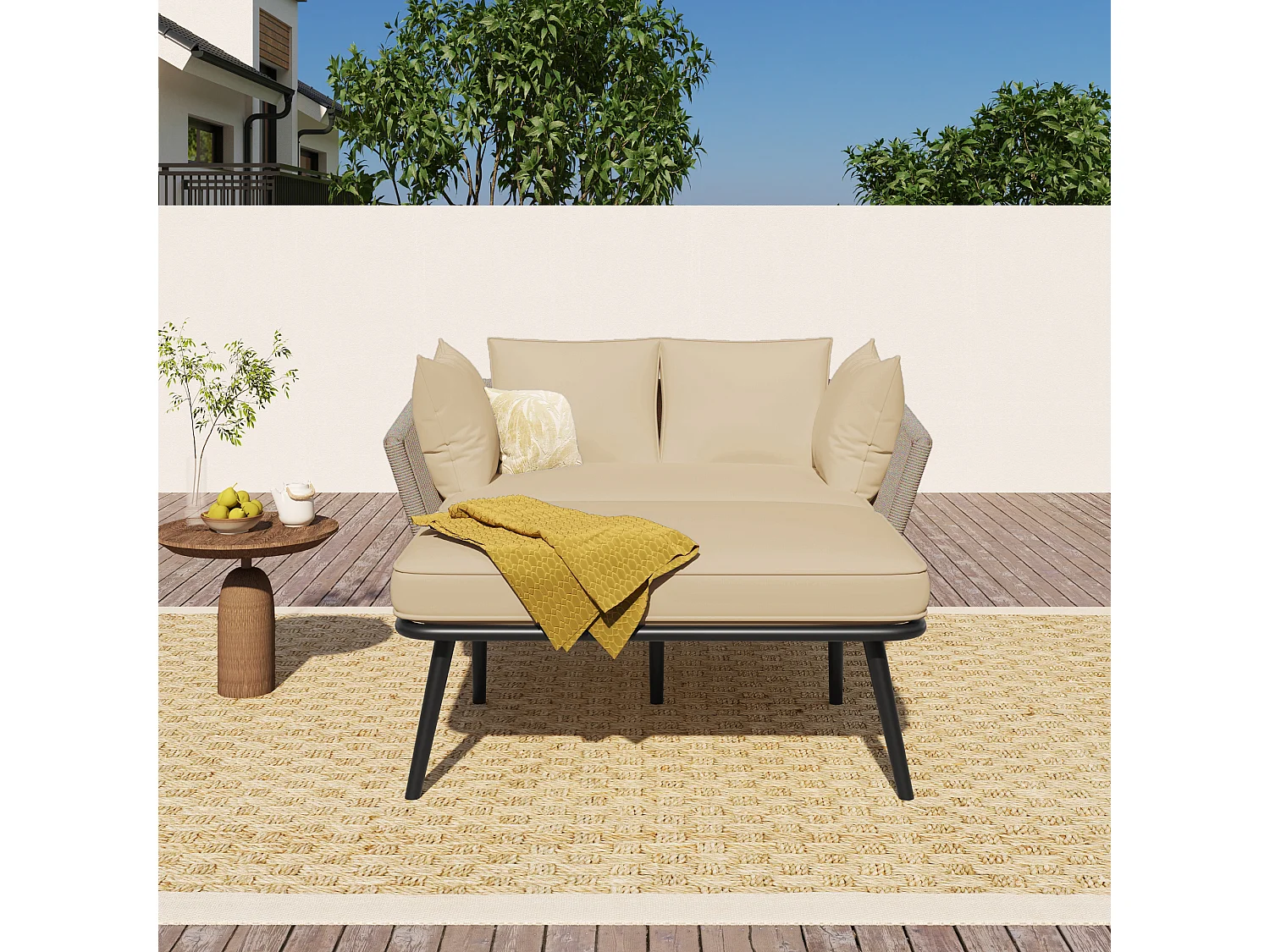 Canapé de jardin avec coussins, 4 pièces, 3 places, 2 fauteuils et 2 tables basses, cadre en acier galvanisé, tissu en polyester beige