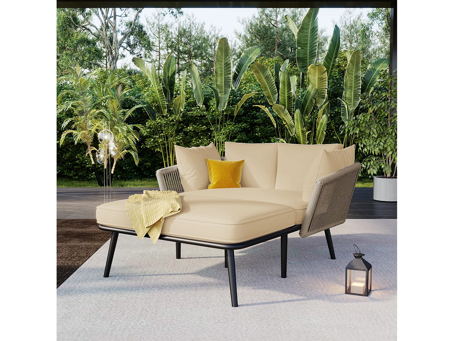 Canapé de jardin avec coussins, 4 pièces, 3 places, 2 fauteuils et 2 tables basses, cadre en acier galvanisé, tissu en polyester beige