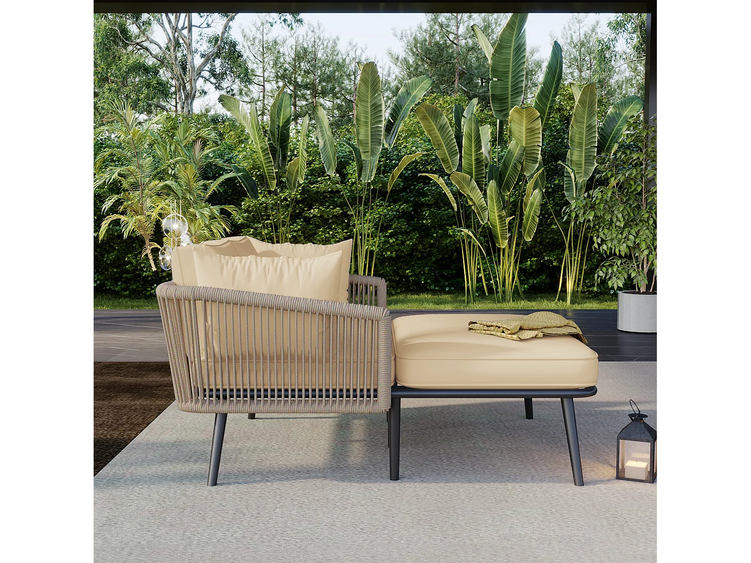 Canapé de jardin avec coussins, 4 pièces, 3 places, 2 fauteuils et 2 tables basses, cadre en acier galvanisé, tissu en polyester beige