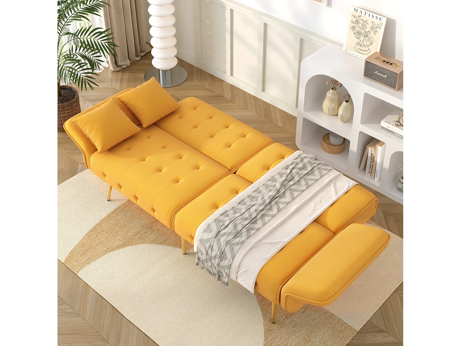 2-zits slaapbank met verstelbare rugleuning en modulaire armleuningen, gele fluwelen stof, royale bedfunctie (178x82x70 cm)