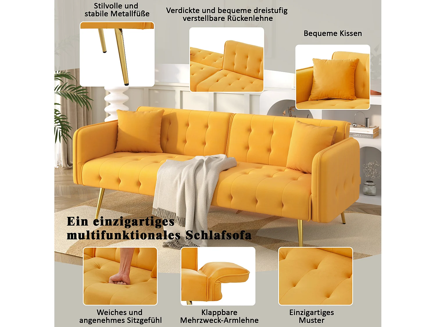 2-zits slaapbank met verstelbare rugleuning en modulaire armleuningen, gele fluwelen stof, royale bedfunctie (178x82x70 cm)