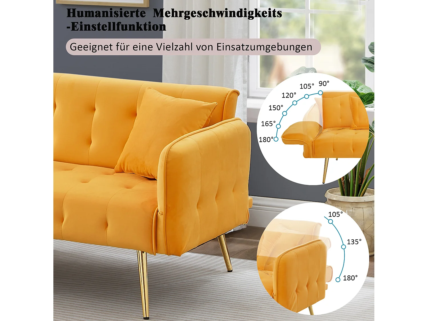 2-zits slaapbank met verstelbare rugleuning en modulaire armleuningen, gele fluwelen stof, royale bedfunctie (178x82x70 cm)