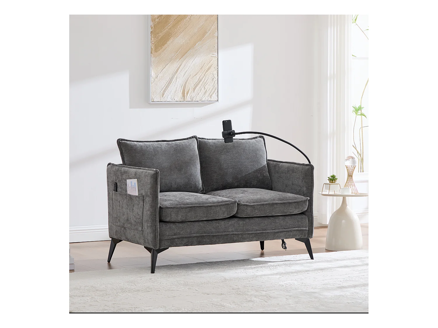 Canapé 2 places avec rangement, support téléphone réglable, tissu chenille, gris (127x69x66 cm)