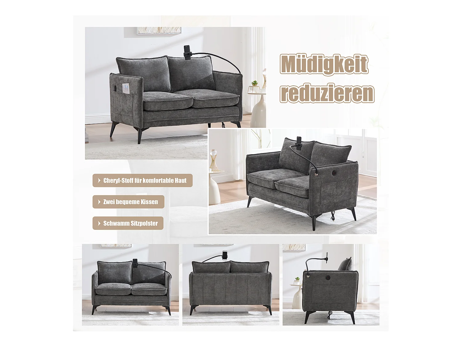 Canapé 2 places avec rangement, support téléphone réglable, tissu chenille, gris (127x69x66 cm)